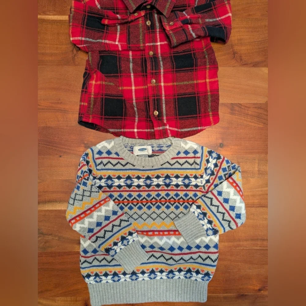 Old Navy & GAP Kids Red Plaid Shirt and Blue Patterned Sweater